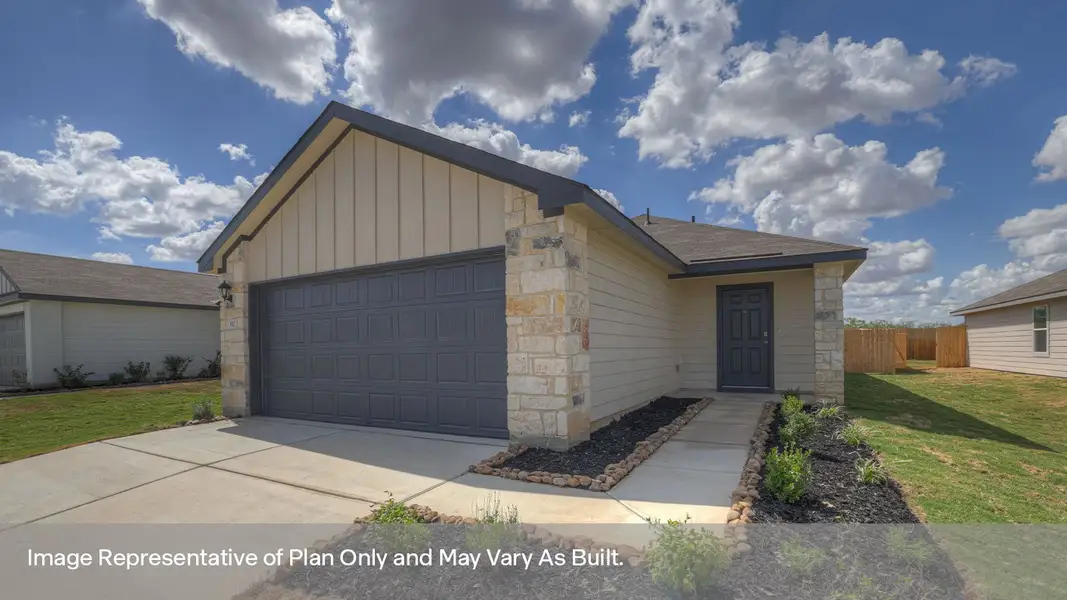 Front exterior of a new home in Lantana, Lockhart, TX, highlighting curb appeal (Image 1). Front exterior of a new home in Lantana, Lockhart, TX, highlighting curb appeal (Image 1).