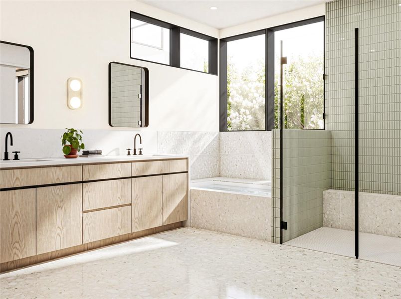 Natural light streams across terrazzo floors in a modern bath with built-in tub and walk-in shower.