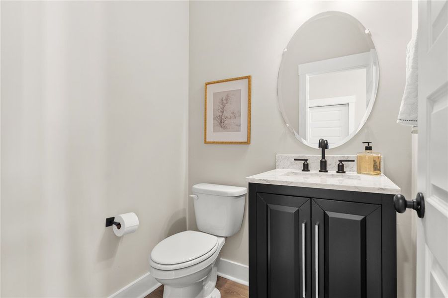 This thoughtfully designed bathroom offers conveni