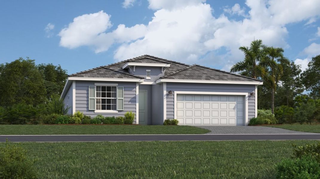 Front exterior of a new home in Palm Lake at Coco Bay: Executive Homes, Englewood, FL, highlighting curb appeal (Image 1). Front exterior of a new home in Palm Lake at Coco Bay: Executive Homes, Englewood, FL, highlighting curb appeal (Image 1).