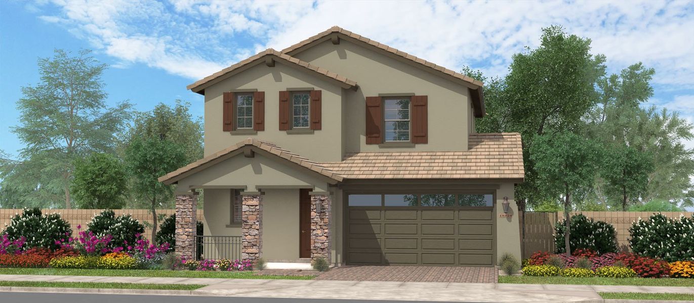 Representative exterior photo of a completed home built from the Monte Volpe by Fulton Homes in Redwood Valley at Escalante, Surprise, AZ (Image 6). Representative exterior photo of a completed home built from the Monte Volpe by Fulton Homes in Redwood Valley at Escalante, Surprise, AZ (Image 6).