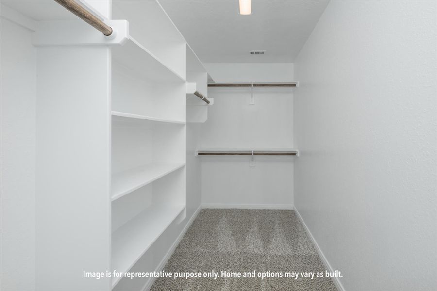Walk in closet featuring light carpet