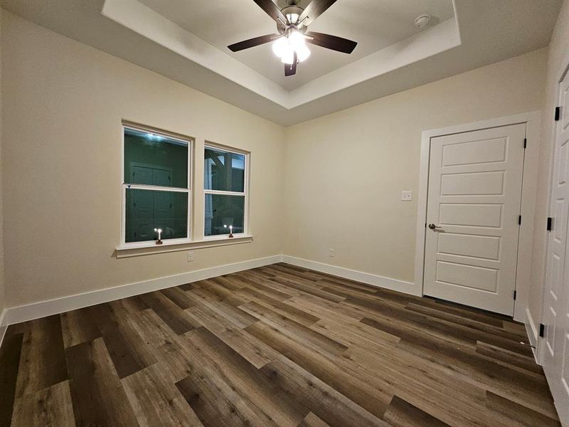 Spare room featuring a tray box raised ceiling, designer ceiling fan, double window looking out the front of house.