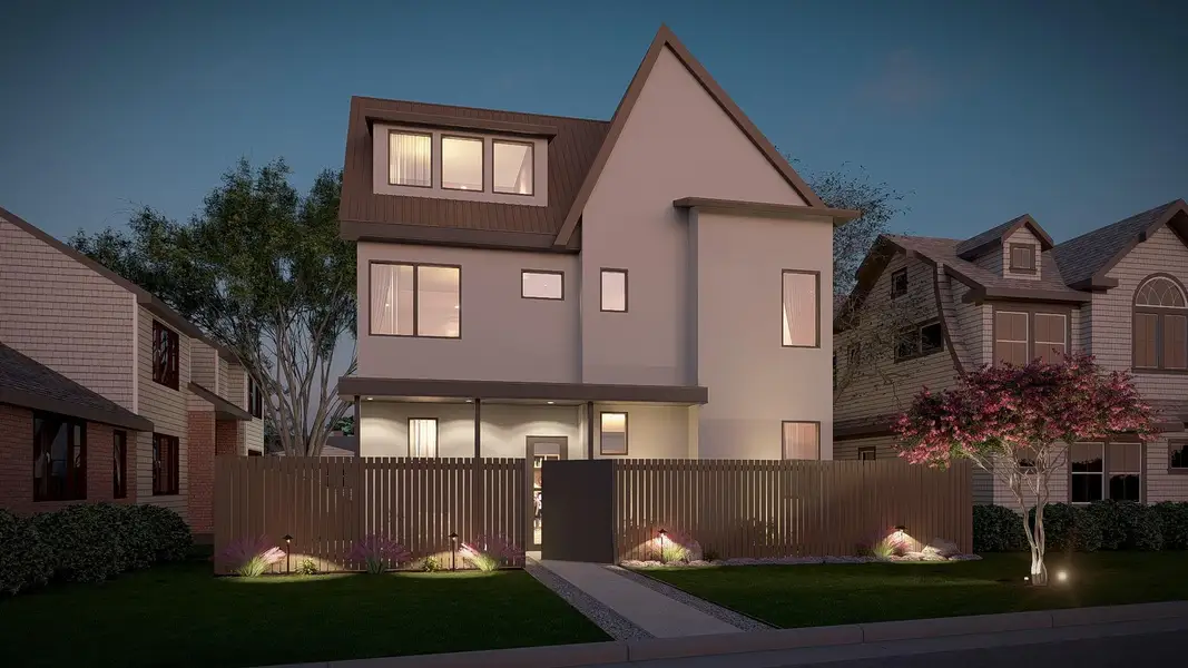 Rear view of property with a fenced front yard, stucco siding, and a gate Rear view of property with a fenced front yard, stucco siding, and a gate