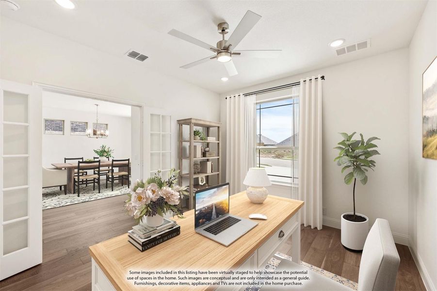 Home office with wood desk, ceiling fan, French doors, and hardwood floors opening to dining room Home office with wood desk, ceiling fan, French doors, and hardwood floors opening to dining room