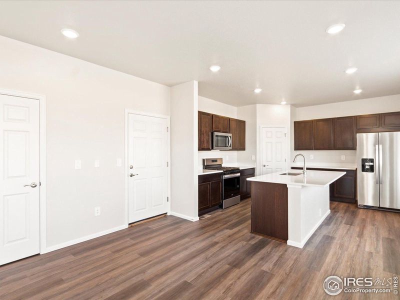 Kitchen view, the main level except the flex room has Vinyl plank flooring throughout