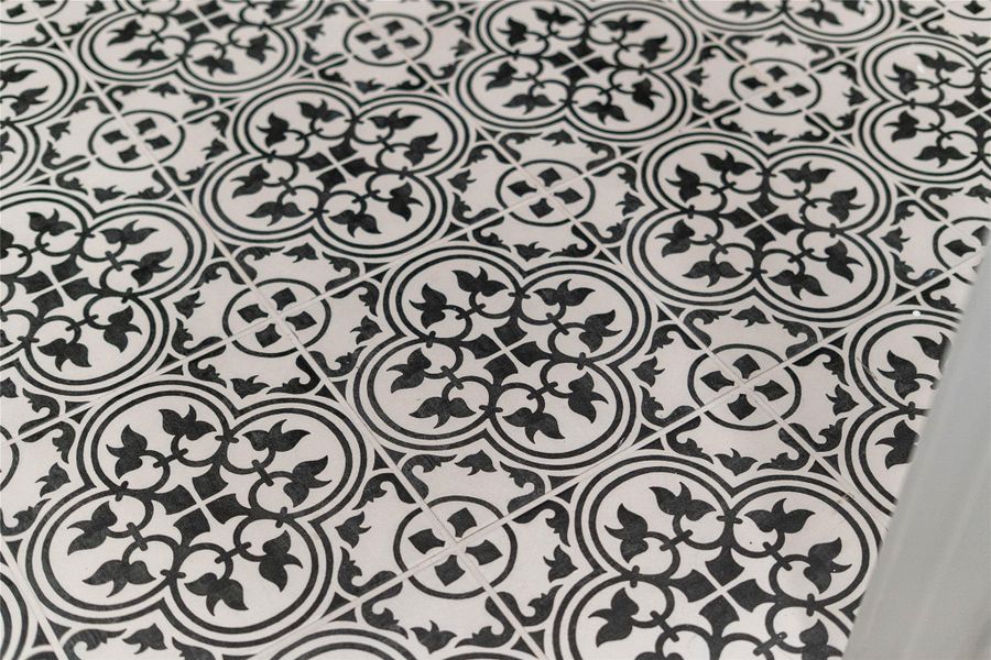 Decorative laundry room tile floor, MEMOIR PETAL MATTE BLACK