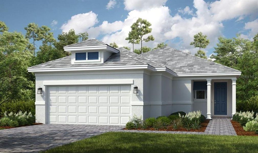 Front exterior of a new home in Palms at Coasterra, Palmetto, FL, highlighting curb appeal (Image 1).