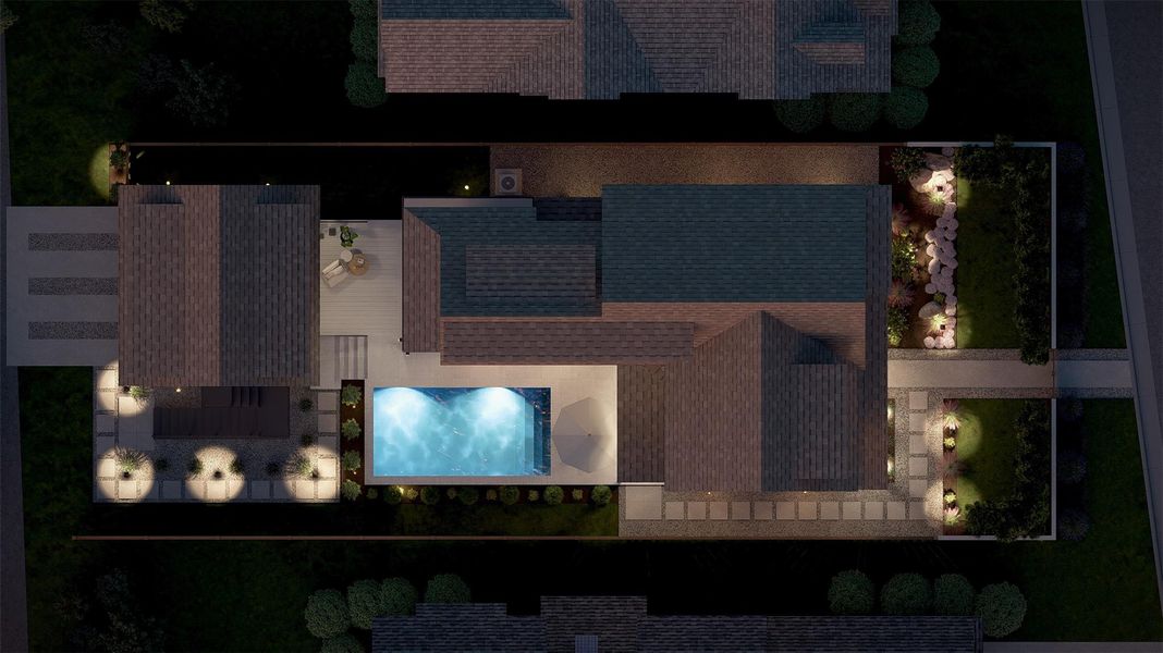 An overhead view reveals meticulously landscaped grounds surrounding a private pool and patios. An overhead view reveals meticulously landscaped grounds surrounding a private pool and patios.