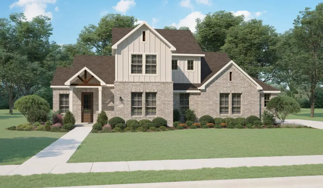 Representative exterior photo of a completed home built from the Yukon by Centre Living Homes in Ellis Ranch Manors, Waxahachie, TX (Image 2). Representative exterior photo of a completed home built from the Yukon by Centre Living Homes in Ellis Ranch Manors, Waxahachie, TX (Image 2).