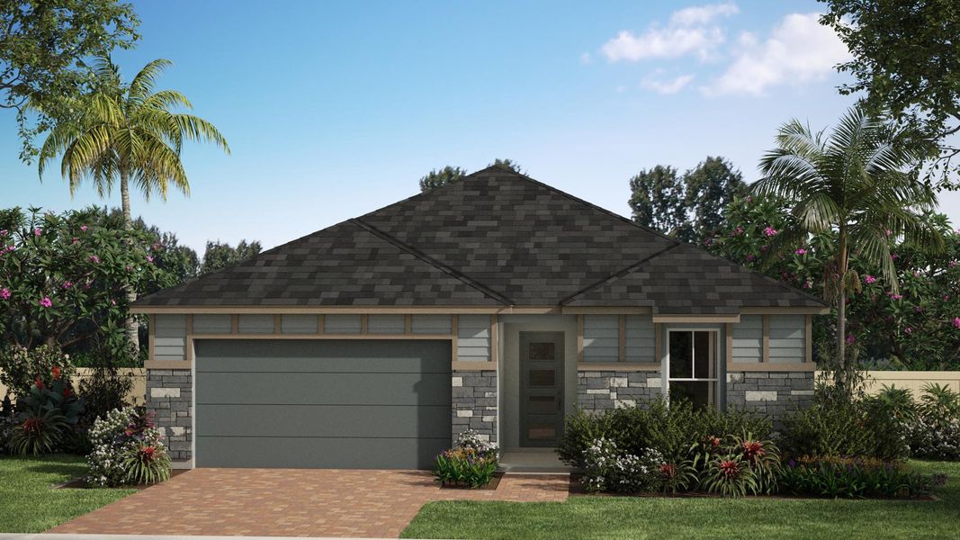 Front exterior of a new home in St. Johns Preserve, Palm Bay, FL, highlighting curb appeal (Image 5).