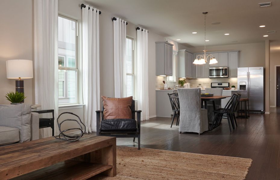 Open floorplan showcasing kitchen, spacious gathering room and dining areas Open floorplan showcasing kitchen, spacious gathering room and dining areas