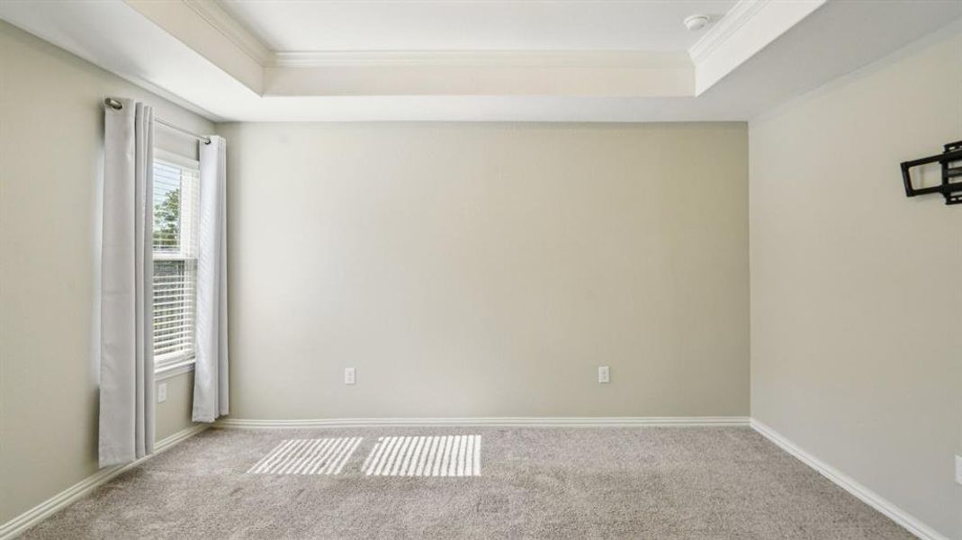 Carpeted spare room featuring a tray ceiling and crown molding Carpeted spare room featuring a tray ceiling and crown molding