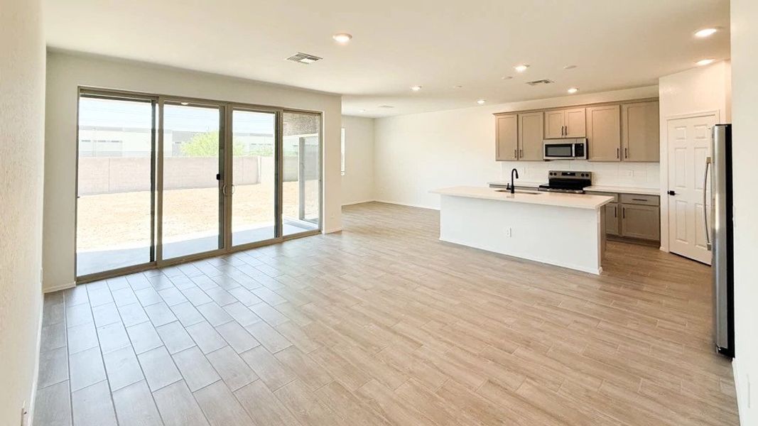Great room, kitchen and dining