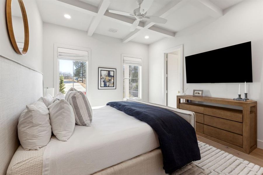 Bedroom with access to exterior, recessed lighting, visible vents, coffered ceiling, and beamed ceiling Bedroom with access to exterior, recessed lighting, visible vents, coffered ceiling, and beamed ceiling