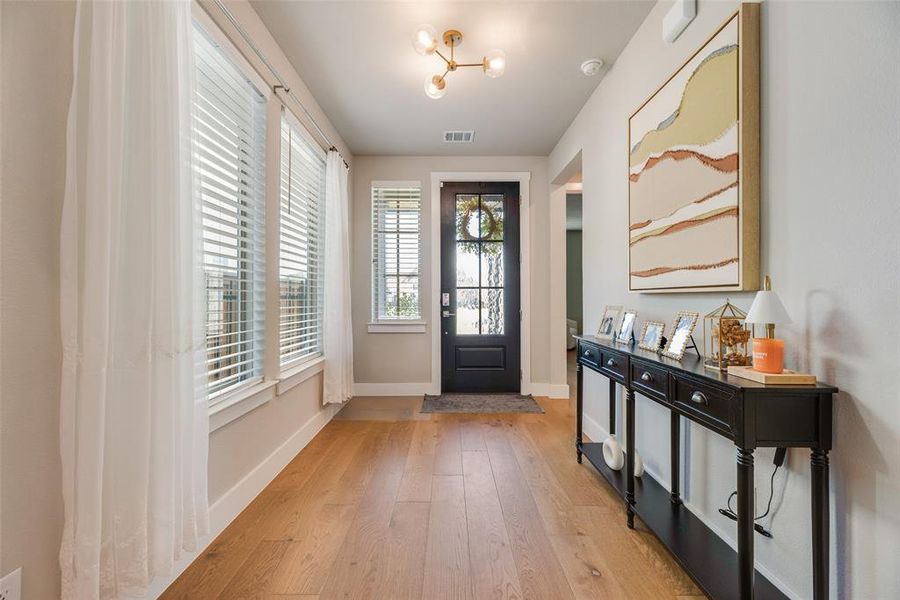 Entryway featuring wood-finish flooring, a dark-paneled door with glass inserts, and multiple windows with blinds
