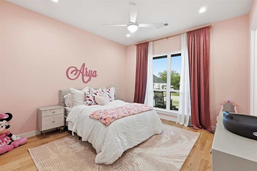 Bedroom with recessed lighting, light wood-style floors, and ceiling fan