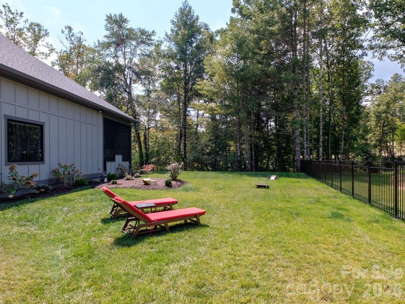 Fenced backyard with wooded privacy buffer
