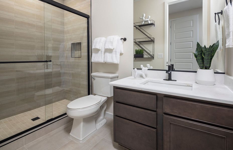 Secondary bathroom perfect for guests in Prato new construction at Jorde Farms in Queen Creek, AZ Secondary bathroom perfect for guests in Prato new construction at Jorde Farms in Queen Creek, AZ
