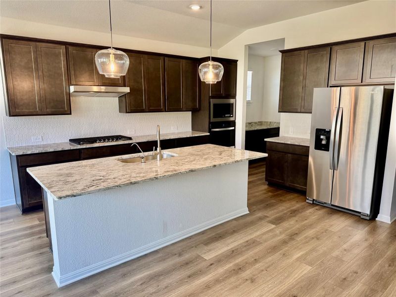 Kitchen with stainless steel appliances, dark brown cabinets, decorative light fixtures, and vaulted ceiling