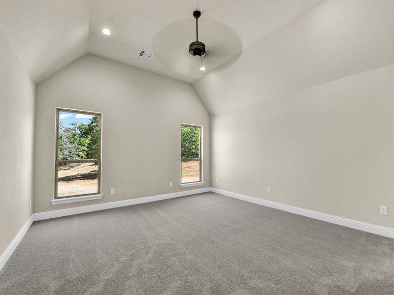 Empty room featuring ceiling fan, carpet, and vaulted ceiling