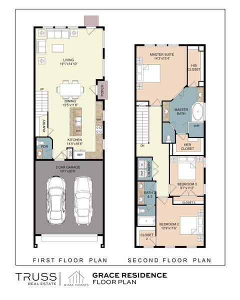 The Grace Residence by Nima Homes pairs an open-concept first floor with a thoughtfully designed second level, creating a layout that feels both functional and refined. Highlights include a spacious island kitchen with walk-in pantry, expansive primary suite with dual closets, centrally located laundry, private backyard space, and a true two-car garage.