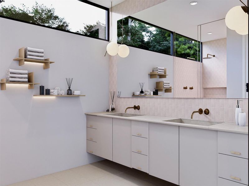 Bathroom featuring double vanity, backsplash, and light tile patterned flooring