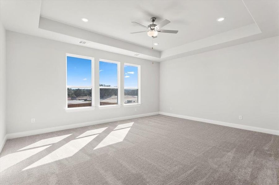 Carpeted spare room with ceiling fan, a tray ceiling, and recessed lighting