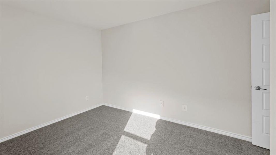 Neutral-toned room featuring light gray walls, dark gray carpet, white baseboards, and a paneled interior door with brushed nickel hardware