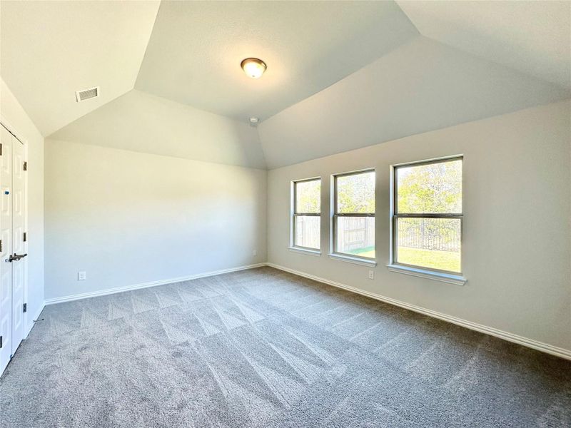 Empty room featuring lofted ceiling and carpet floors Empty room featuring lofted ceiling and carpet floors