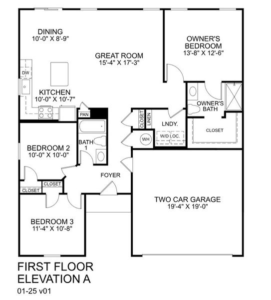 2D floor plan layout for the Spruce by Ryan Homes in Laney Farms, Pageland, SC (Image 2).