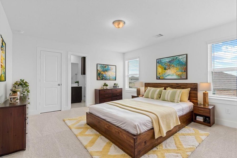 Another spacious upstairs bedroom features plush carpeting, soft natural light, and a large layout—ideal for a guest suite, teen retreat, or flex room—with convenient access to the adjacent full bathroom just steps away. *Virtually Staged* **Image Representative of Plan Only and May Vary as Built**. Another spacious upstairs bedroom features plush carpeting, soft natural light, and a large layout—ideal for a guest suite, teen retreat, or flex room—with convenient access to the adjacent full bathroom just steps away. *Virtually Staged* **Image Representative of Plan Only and May Vary as Built**.