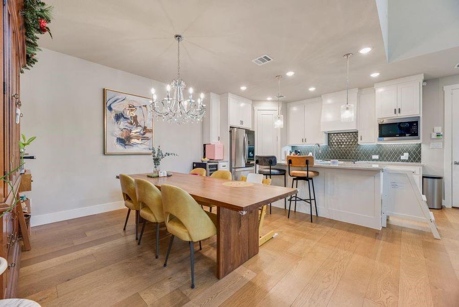 Kitchen with white cabinets, light wood finished floors, stainless steel appliances, and backsplash
