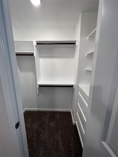 Walk in closet with dark colored carpet Walk in closet with dark colored carpet