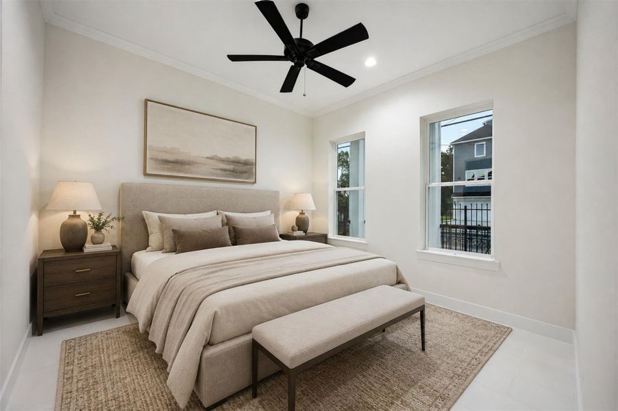 This bright bedroom features clean neutral walls, large-format light tile flooring, crown molding, recessed lighting, and a bold black ceiling fan. Two tall windows bring in natural light and create an airy feel, while the spacious rectangular layout provides flexibility for bedroom furniture, a home office setup, or a comfortable guest retreat. This photo has been virtually staged for visual reference. This bright bedroom features clean neutral walls, large-format light tile flooring, crown molding, recessed lighting, and a bold black ceiling fan. Two tall windows bring in natural light and create an airy feel, while the spacious rectangular layout provides flexibility for bedroom furniture, a home office setup, or a comfortable guest retreat. This photo has been virtually staged for visual reference.