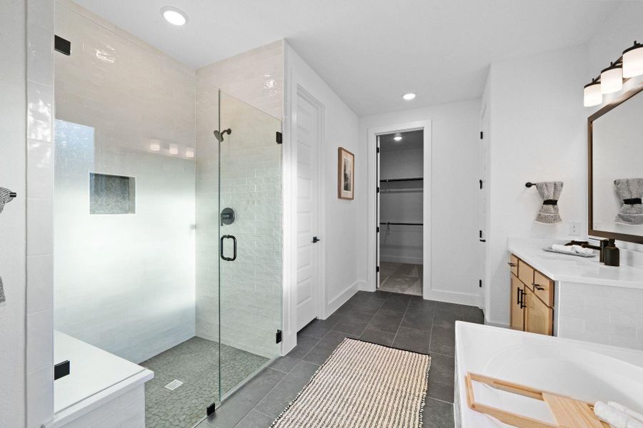 Primary Bath retreat with dual vanities, garden tub & walk-in shower