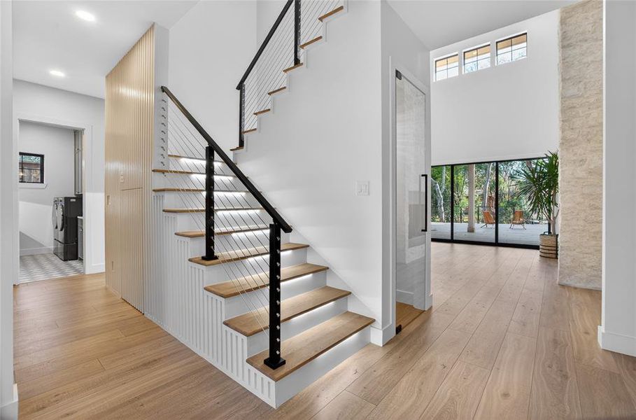 LED lights light up as you ascend the steps.