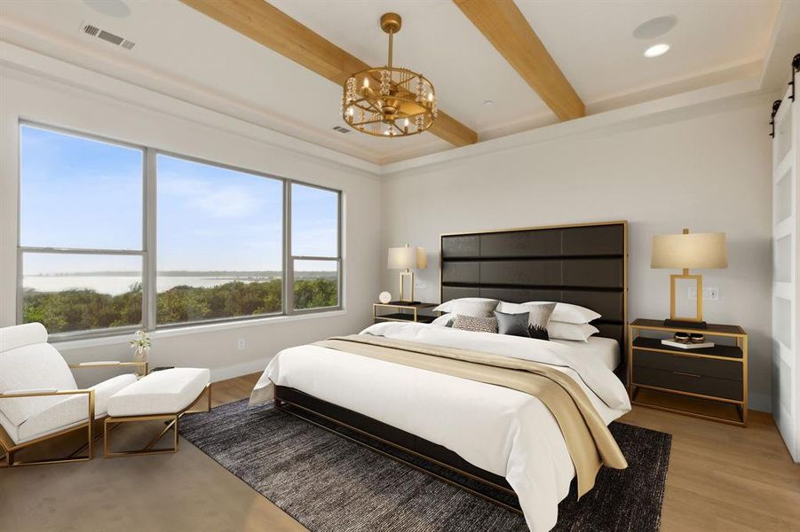 Bedroom with a chandelier, light wood finished floors, beamed ceiling, baseboards, and recessed lighting