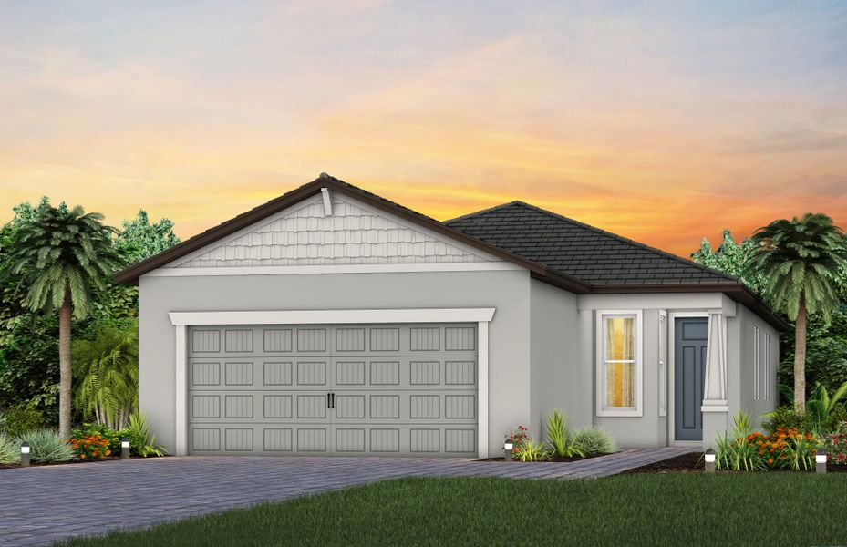 Representative exterior photo of a completed home built from the Compass by Del Webb in Del Webb Explore North River Ranch, Parrish, FL (Image 18). Representative exterior photo of a completed home built from the Compass by Del Webb in Del Webb Explore North River Ranch, Parrish, FL (Image 18).