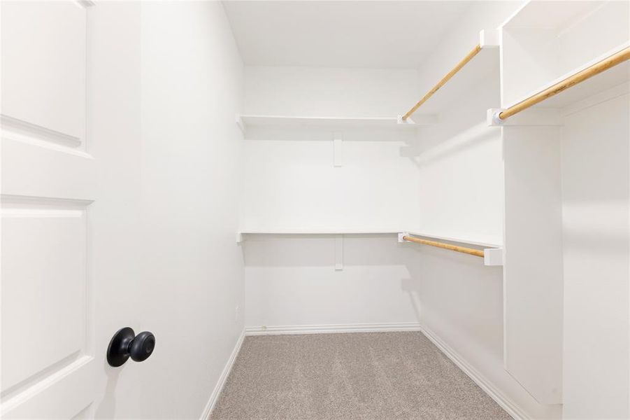 Walk in closet featuring light carpet