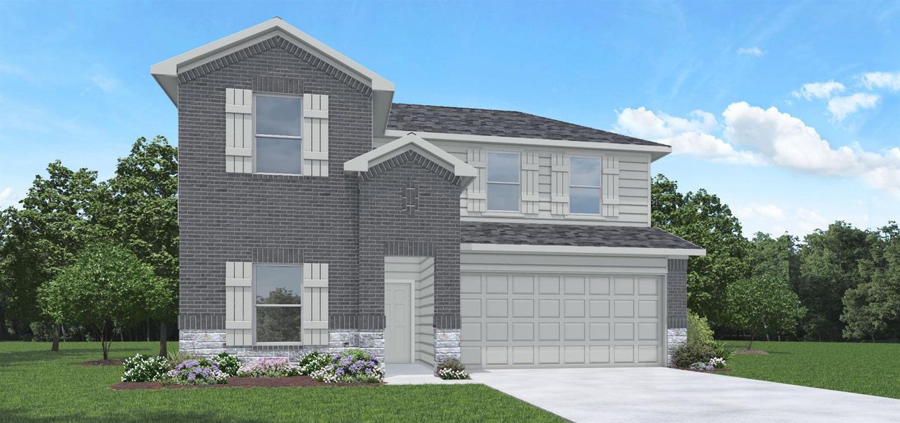 Front exterior of a new home in Sunterra Lakes, Brookshire, TX, highlighting curb appeal (Image 1). Front exterior of a new home in Sunterra Lakes, Brookshire, TX, highlighting curb appeal (Image 1).