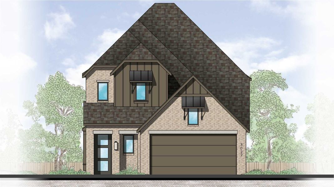 Representative exterior photo of a completed home built from the Everett Plan by Highland Homes in Kresston: 40ft. lots, Montgomery, TX (Image 24).