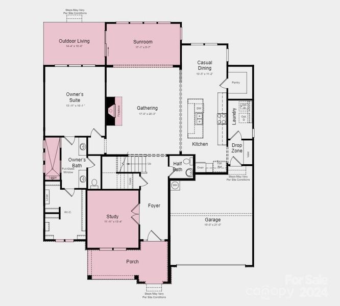 Floor Plan - Structural Options Added Include: study in place of a flex room, walk-in shower in owner's suite, sunroom, and gas fireplace