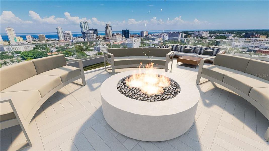 Firepit on the northeast corner of the rooftop amenity deck