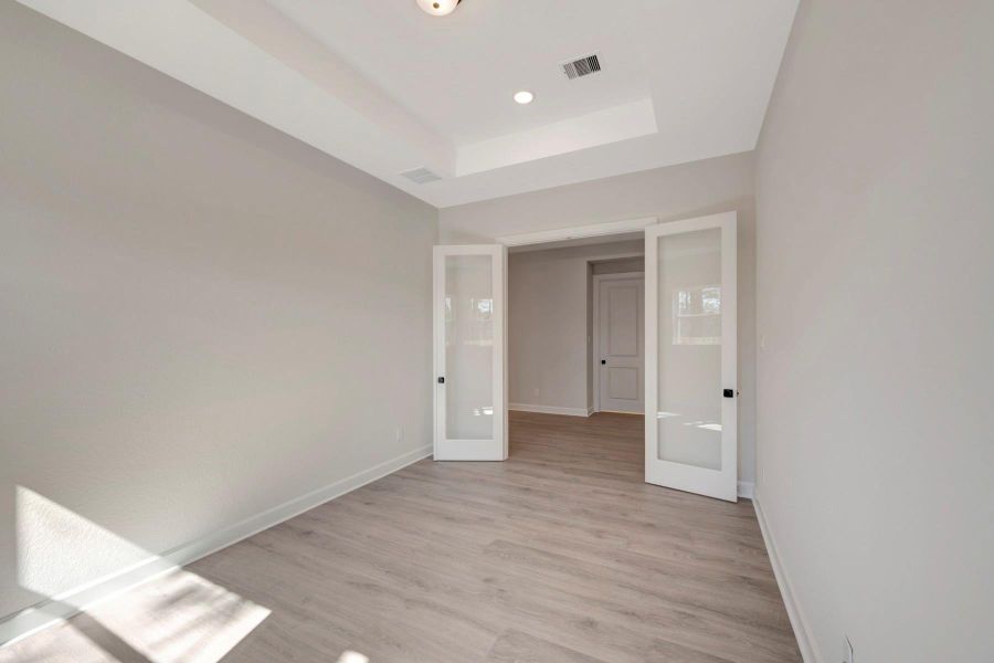 EXAMPLE PHOTO: Private Study with glass french doors and treyed ceiling