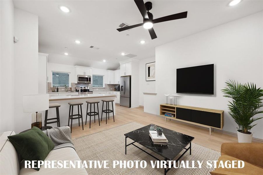 This wonderfully designed open concept floor plan is the perfect place to host friends and family!  REPRESENTATIVE PHOTO VIRTUALLY STAGED