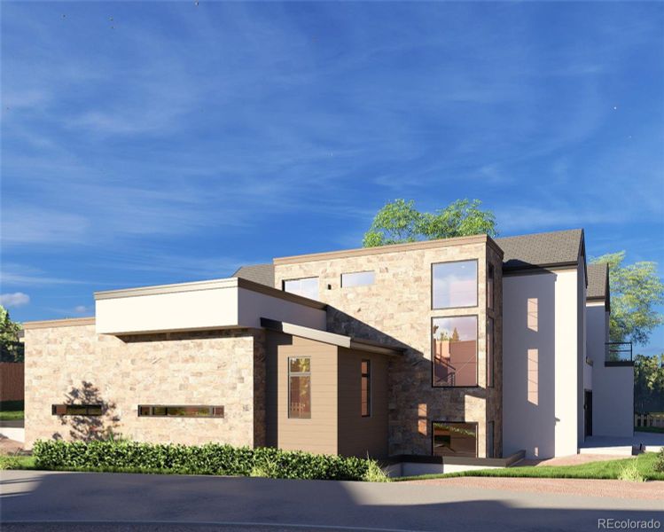 Rendering of new luxury home coming soon showcasing multiple outdoor entertainment areas with panoramic mountain views.