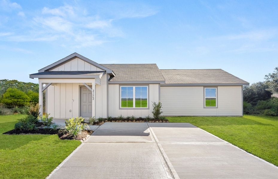 Front exterior of a new home in The Courtyards at Stokesbury, Waller, TX, highlighting curb appeal (Image 1). Front exterior of a new home in The Courtyards at Stokesbury, Waller, TX, highlighting curb appeal (Image 1).