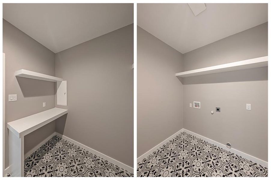 Laundry room with beautiful, stenciled tile & folding area. Media box with power receptable located in the laundry room