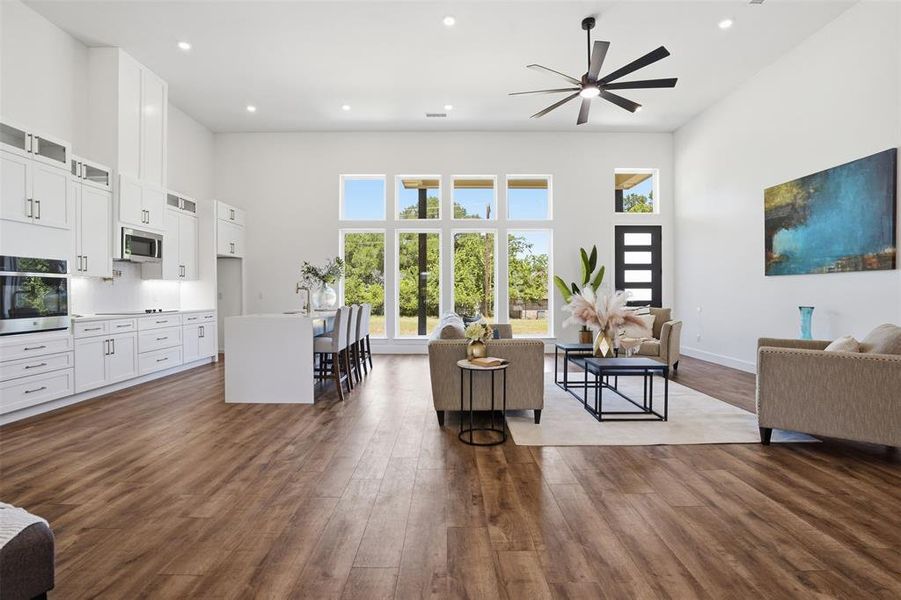 Open concept kitchen, living and dining area